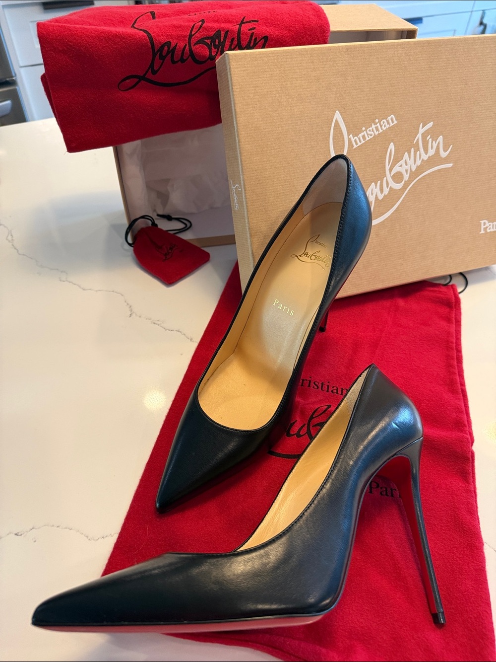 Christian Louboutin Black Leather Pointed Toe Stiletto Pumps with Red Soles